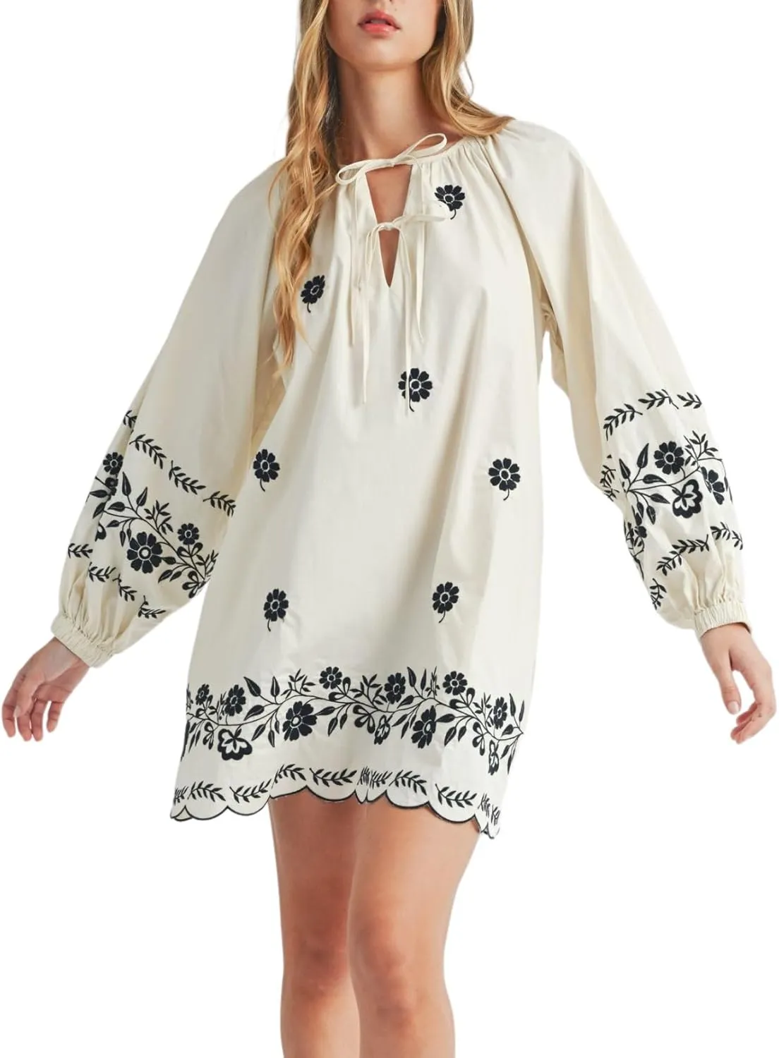 Womens Embroidered Long Sleeve Mini Dress Loose Fit Vintage Embroidery Dress with Double Neckline Self Tie