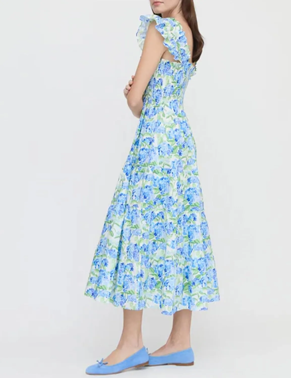 Women's Floral Midi Dress Ruffle Sleeveless Square Neck A Line Smocked Flowy Tiered Long Dress