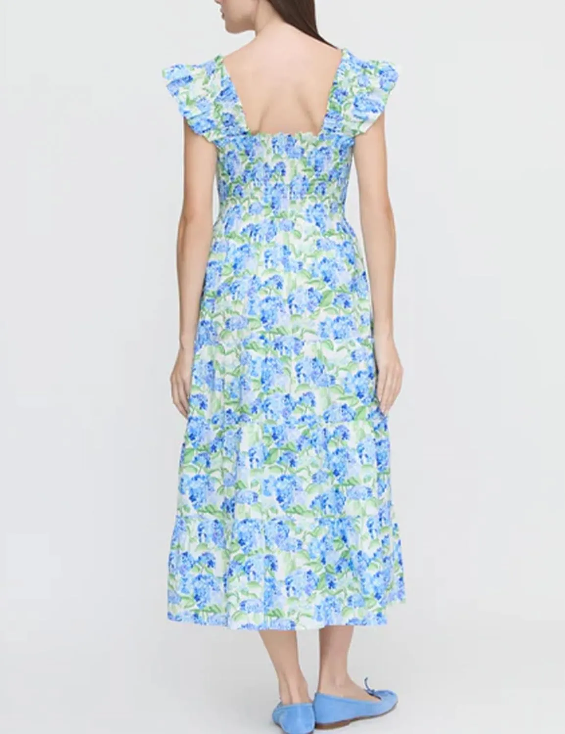 Women's Floral Midi Dress Ruffle Sleeveless Square Neck A Line Smocked Flowy Tiered Long Dress