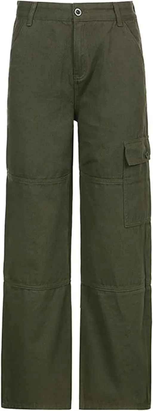 Women's High Waisted Relaxed Fit Cargo Jeans Straight Wide Leg Y2K Baggy Denim Pants with Pockets