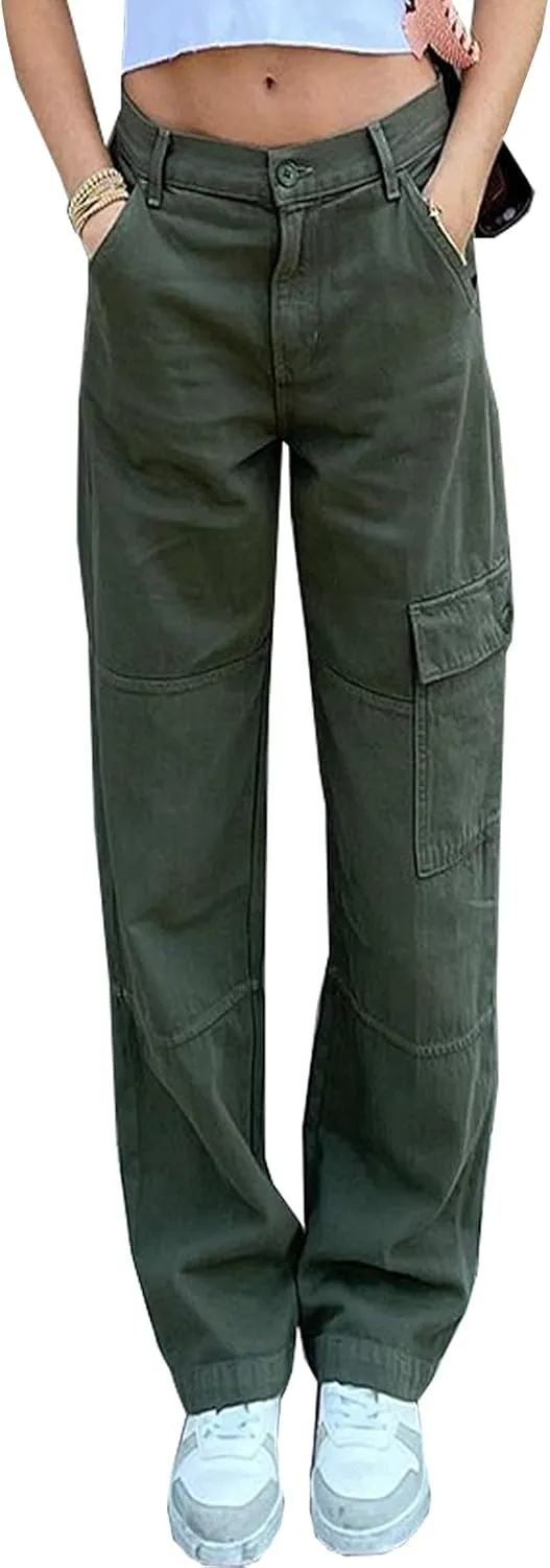 Women's High Waisted Relaxed Fit Cargo Jeans Straight Wide Leg Y2K Baggy Denim Pants with Pockets