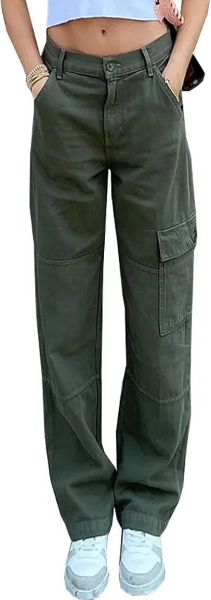 Women's High Waisted Relaxed Fit Cargo Jeans Straight Wide Leg Y2K Baggy Denim Pants with Pockets