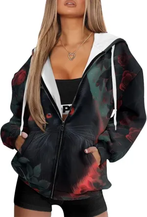 Womens Oversized Hoodie with Zipper and Pocket Hooded Graphic Sweatshirt Women Pullover Sweater Women Size XS-4XL