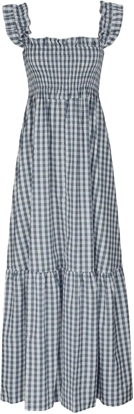 Women's Retro Plaid Smocked Dress Summer Sleeveless Spaghetti Strap Square Neck A-Line Maxi Long Beach Sundress