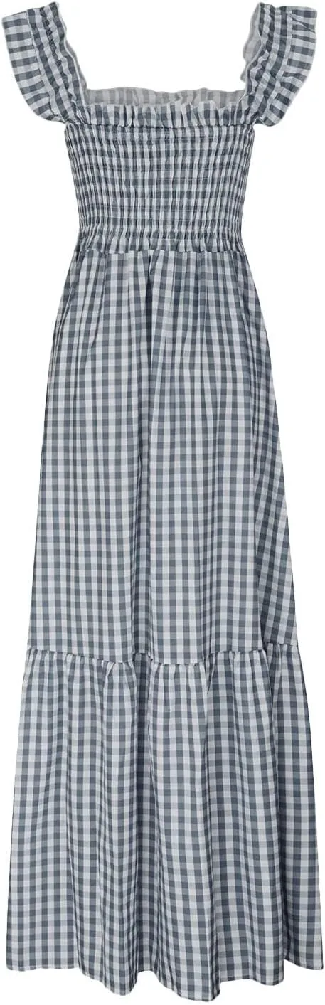 Women's Retro Plaid Smocked Dress Summer Sleeveless Spaghetti Strap Square Neck A-Line Maxi Long Beach Sundress