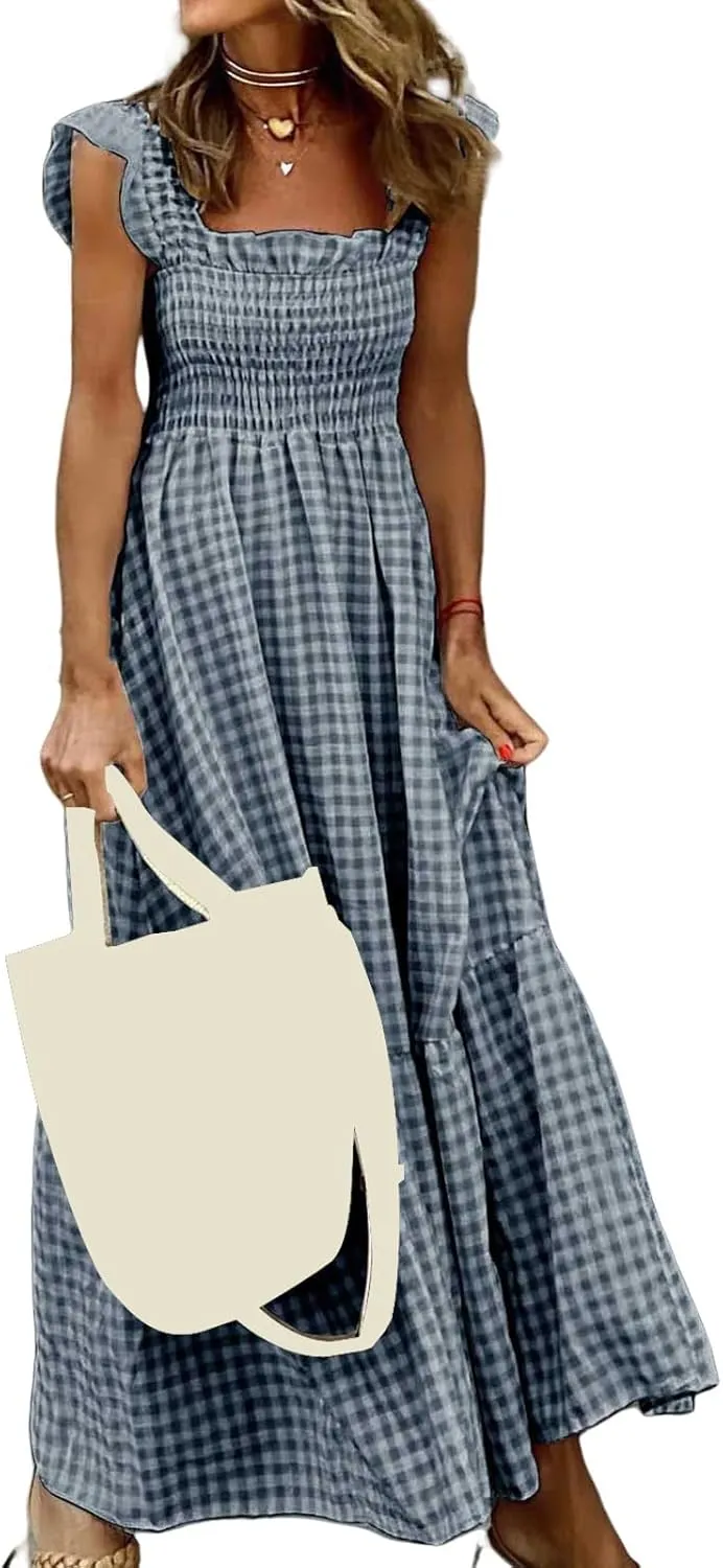 Women's Retro Plaid Smocked Dress Summer Sleeveless Spaghetti Strap Square Neck A-Line Maxi Long Beach Sundress