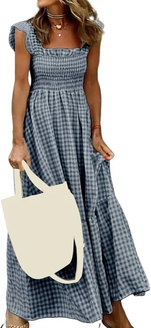 Women's Retro Plaid Smocked Dress Summer Sleeveless Spaghetti Strap Square Neck A-Line Maxi Long Beach Sundress