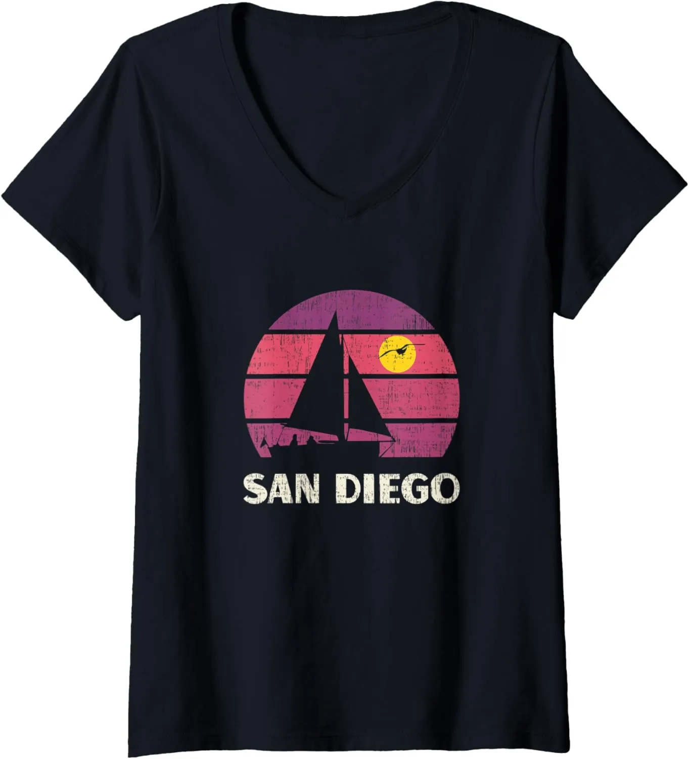 Womens San Diego Sailing Retro 70s Vintage Sunset Sailboat V-Neck T-Shirt