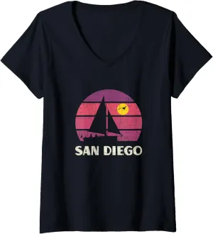 Womens San Diego Sailing Retro 70s Vintage Sunset Sailboat V-Neck T-Shirt