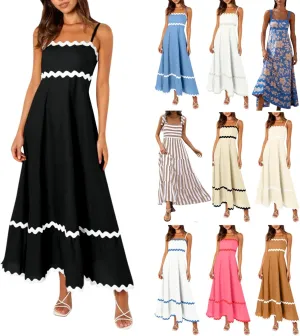 Women's Summer Spaghetti Straps Sleeveless Backless Sundress Flowy Smocked Lace Swing A Line Midi Tank Dress