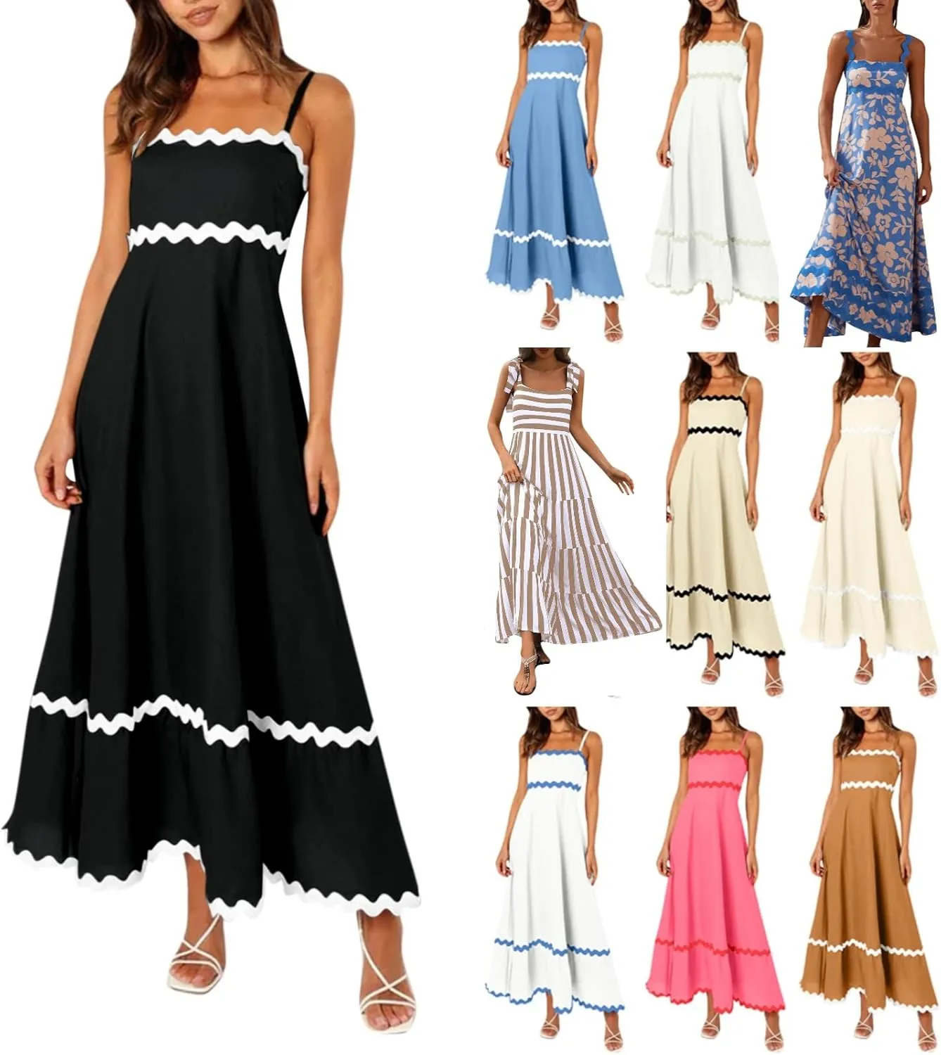 Women's Summer Spaghetti Straps Sleeveless Backless Sundress Flowy Smocked Lace Swing A Line Midi Tank Dress