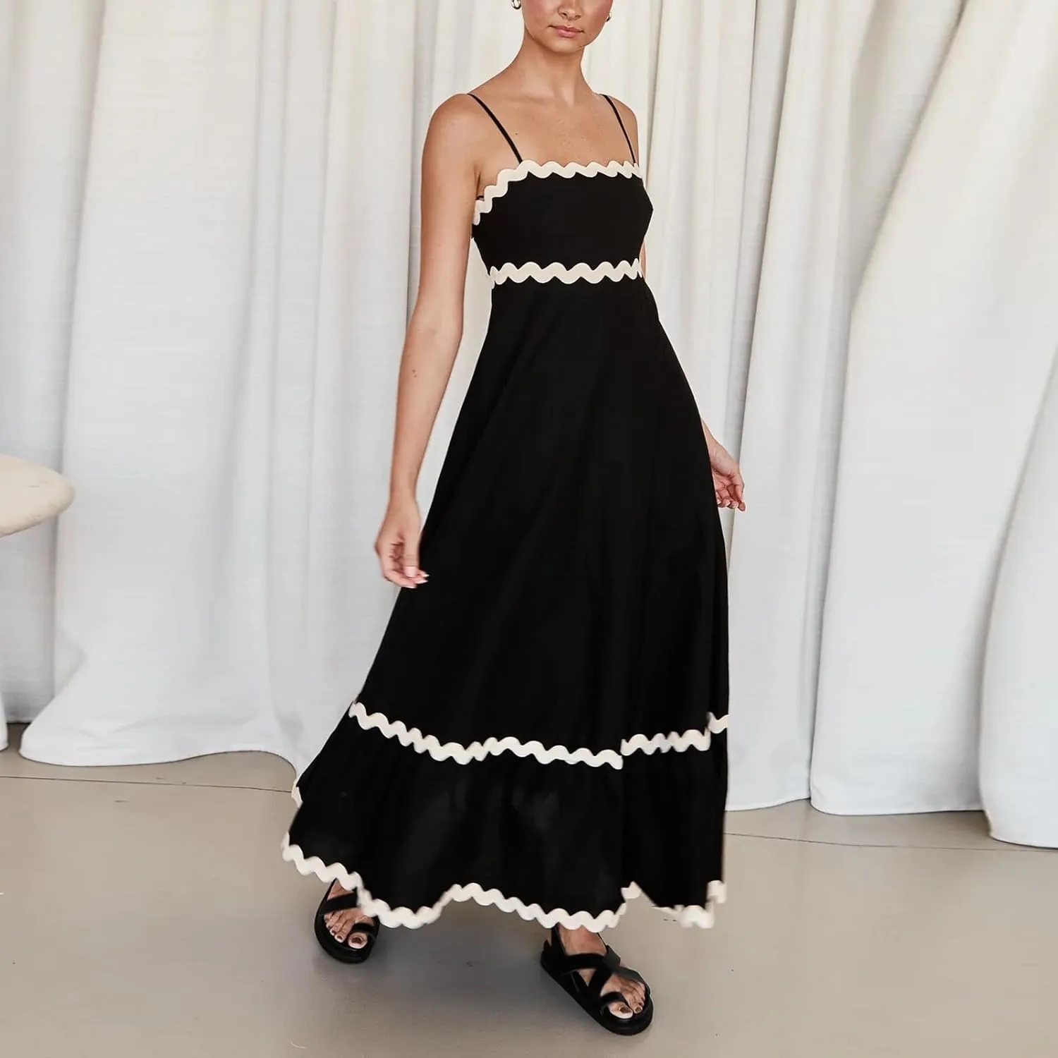 Women's Summer Spaghetti Straps Sleeveless Backless Sundress Flowy Smocked Lace Swing A Line Midi Tank Dress