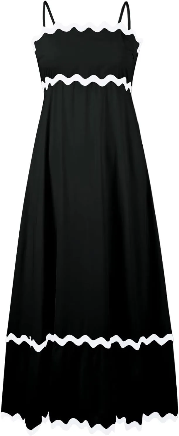 Women's Summer Spaghetti Straps Sleeveless Backless Sundress Flowy Smocked Lace Swing A Line Midi Tank Dress