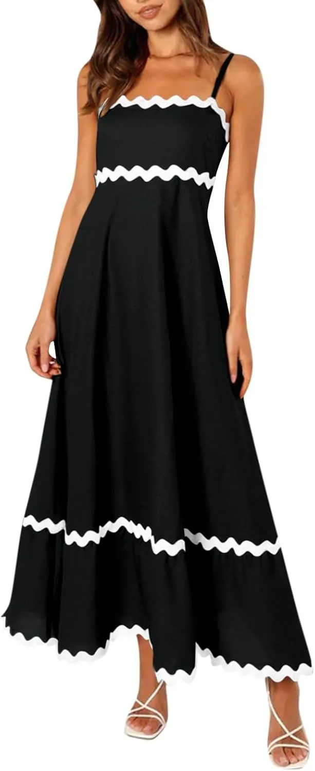 Women's Summer Spaghetti Straps Sleeveless Backless Sundress Flowy Smocked Lace Swing A Line Midi Tank Dress