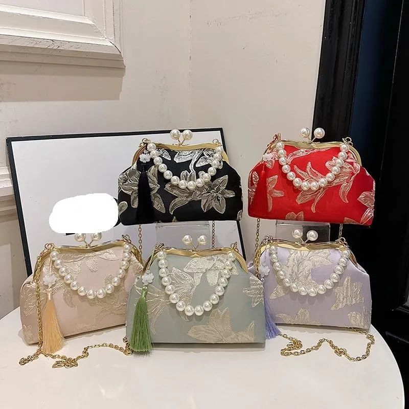 Women's Tassel Flower Pearl Portable Shell Bag Chain Shoulder Mouth Gold Bag
