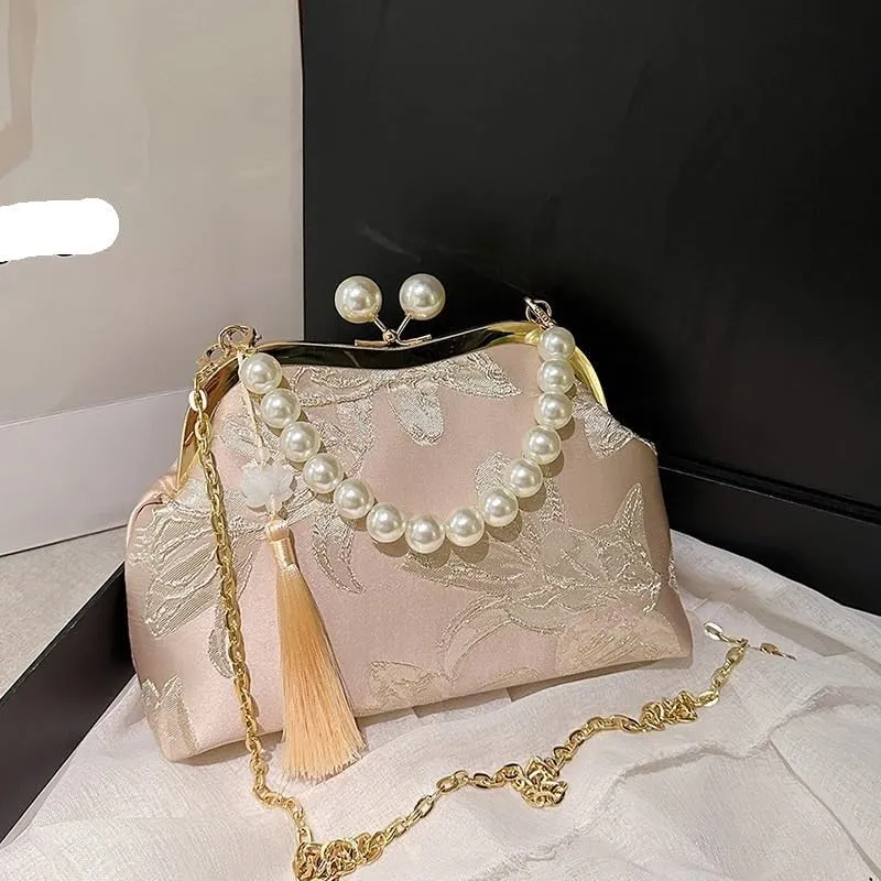 Women's Tassel Flower Pearl Portable Shell Bag Chain Shoulder Mouth Gold Bag