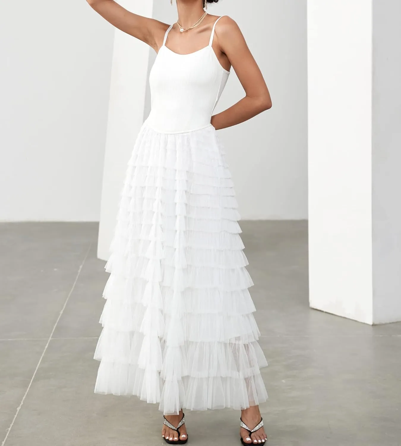 Women's Tulle Maxi Dress Spaghetti Strap Layered Fluffy Ruflfle Prom Birthday Party Long Dress