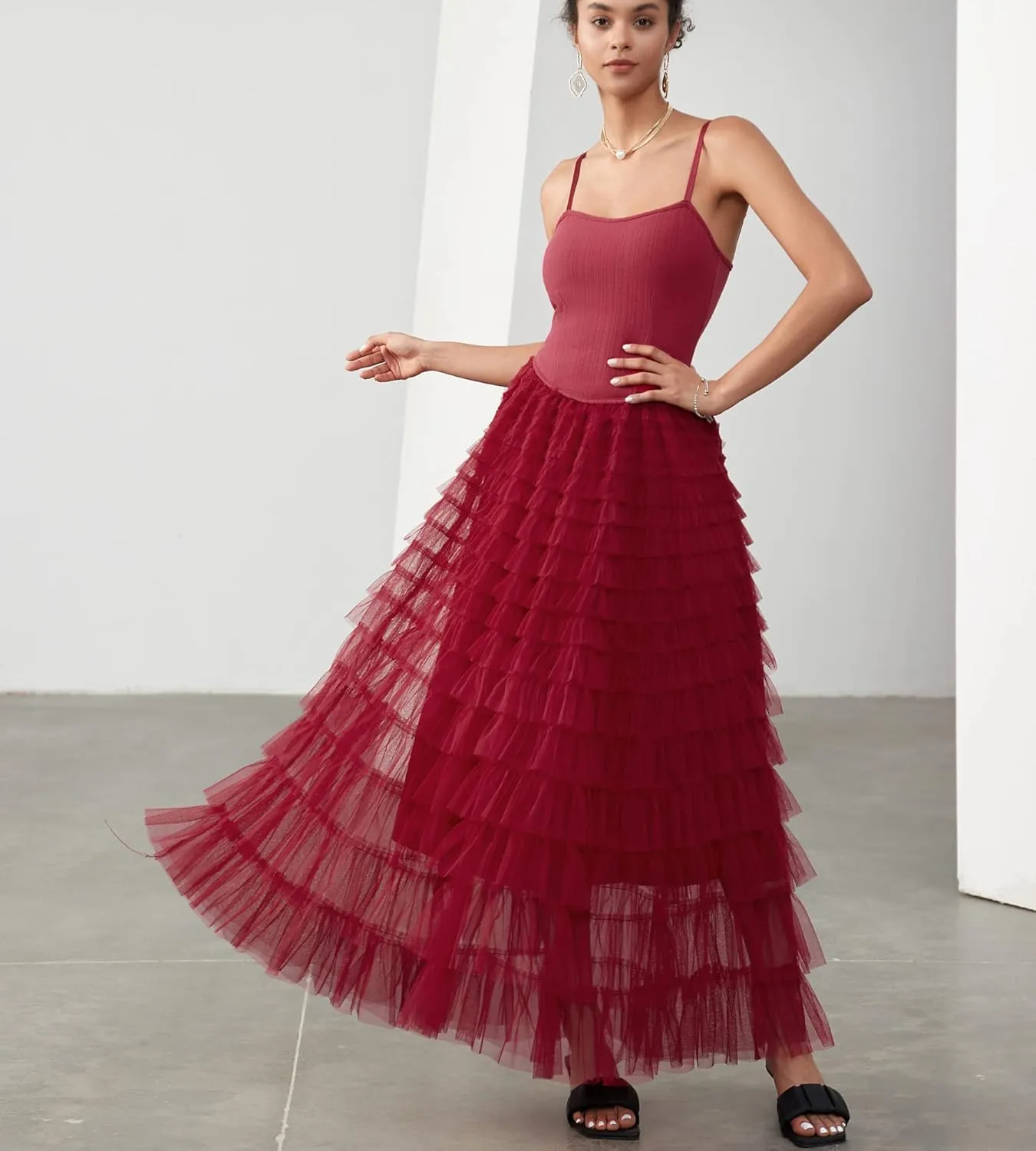 Women's Tulle Maxi Dress Spaghetti Strap Layered Fluffy Ruflfle Prom Birthday Party Long Dress