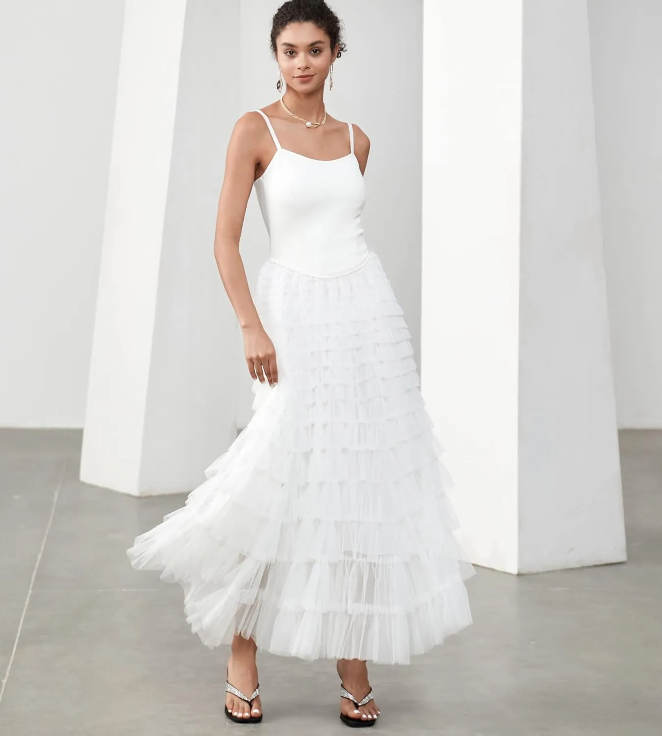 Women's Tulle Maxi Dress Spaghetti Strap Layered Fluffy Ruflfle Prom Birthday Party Long Dress