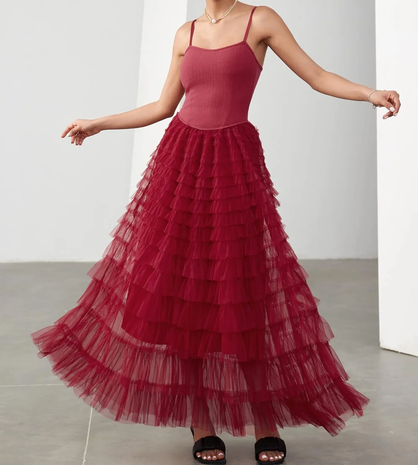 Women's Tulle Maxi Dress Spaghetti Strap Layered Fluffy Ruflfle Prom Birthday Party Long Dress