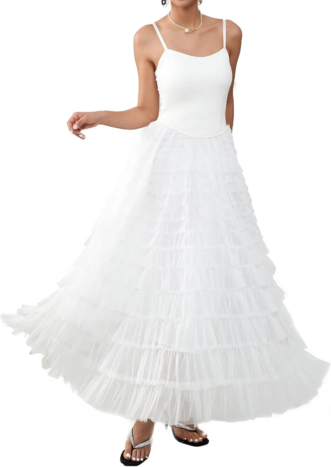 Women's Tulle Maxi Dress Spaghetti Strap Layered Fluffy Ruflfle Prom Birthday Party Long Dress