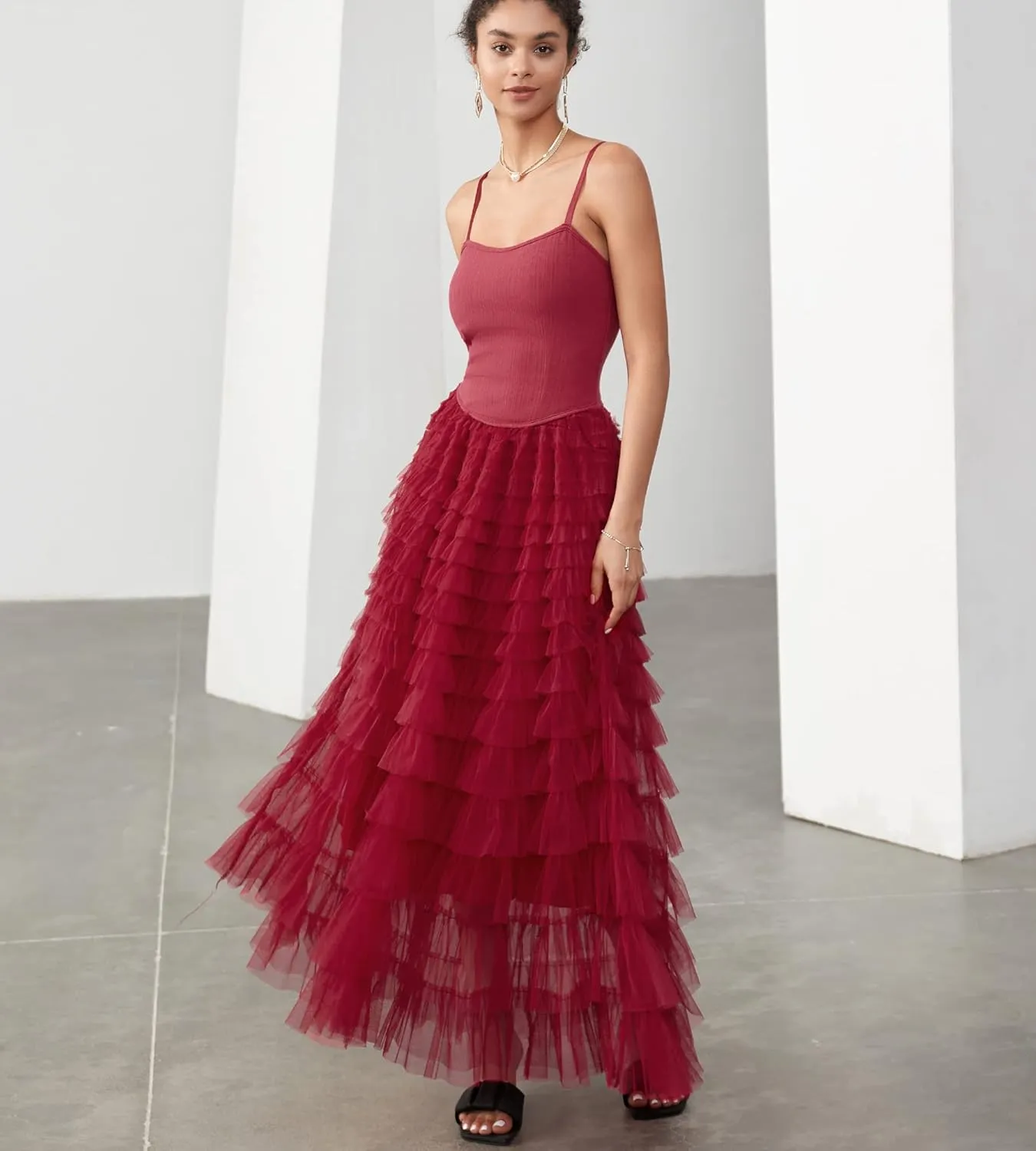 Women's Tulle Maxi Dress Spaghetti Strap Layered Fluffy Ruflfle Prom Birthday Party Long Dress