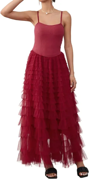 Women's Tulle Maxi Dress Spaghetti Strap Layered Fluffy Ruflfle Prom Birthday Party Long Dress