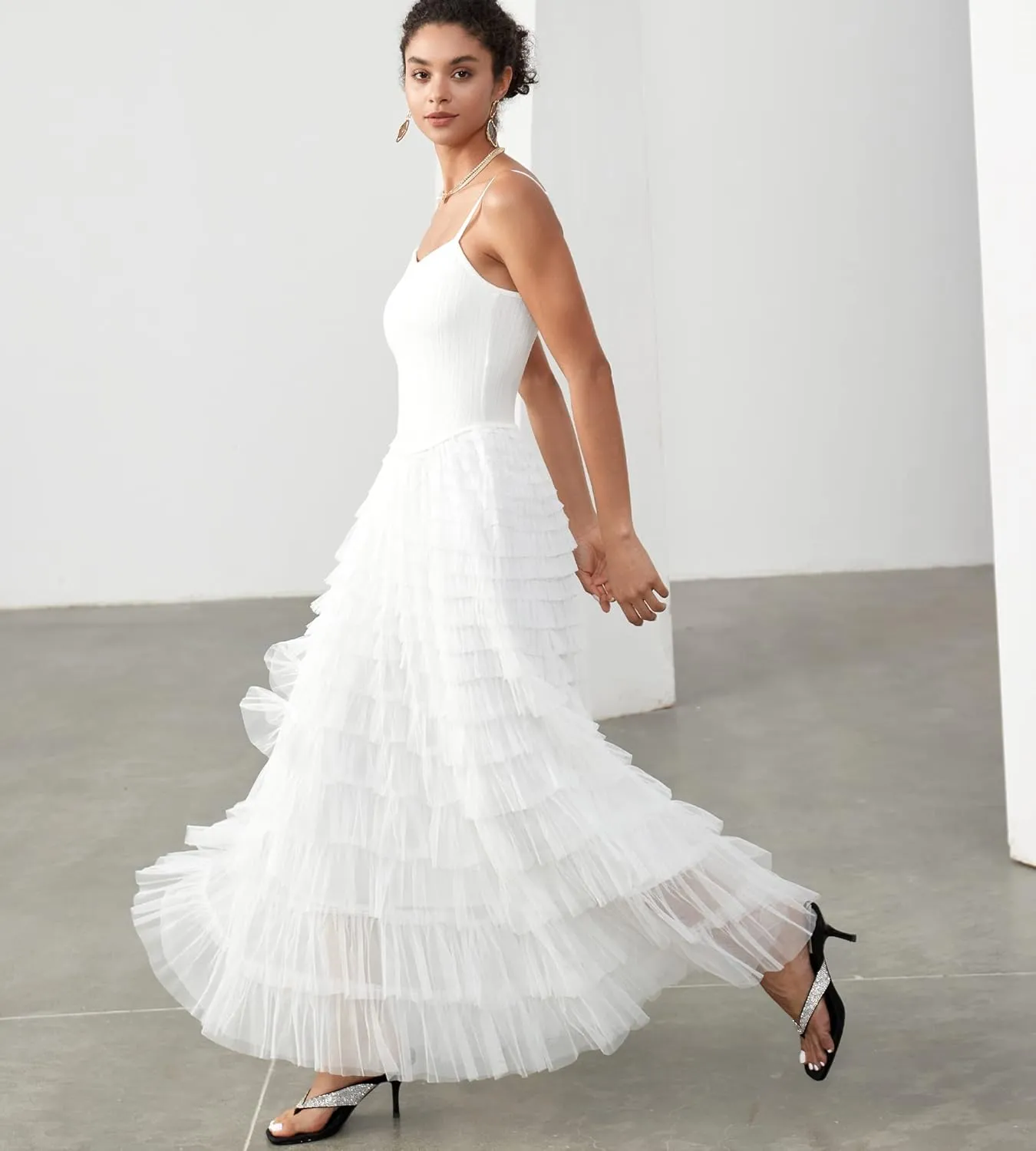 Women's Tulle Maxi Dress Spaghetti Strap Layered Fluffy Ruflfle Prom Birthday Party Long Dress