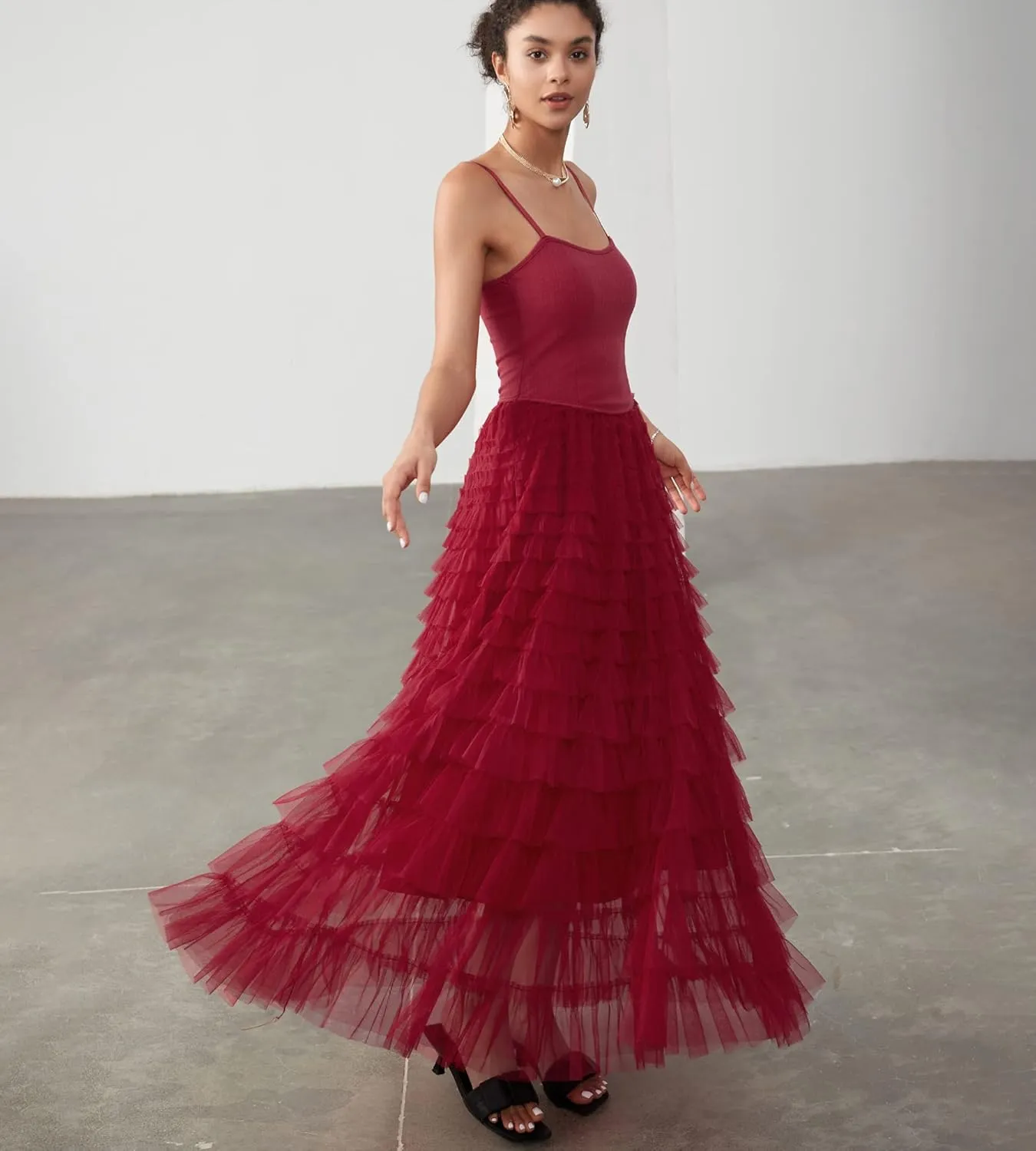 Women's Tulle Maxi Dress Spaghetti Strap Layered Fluffy Ruflfle Prom Birthday Party Long Dress