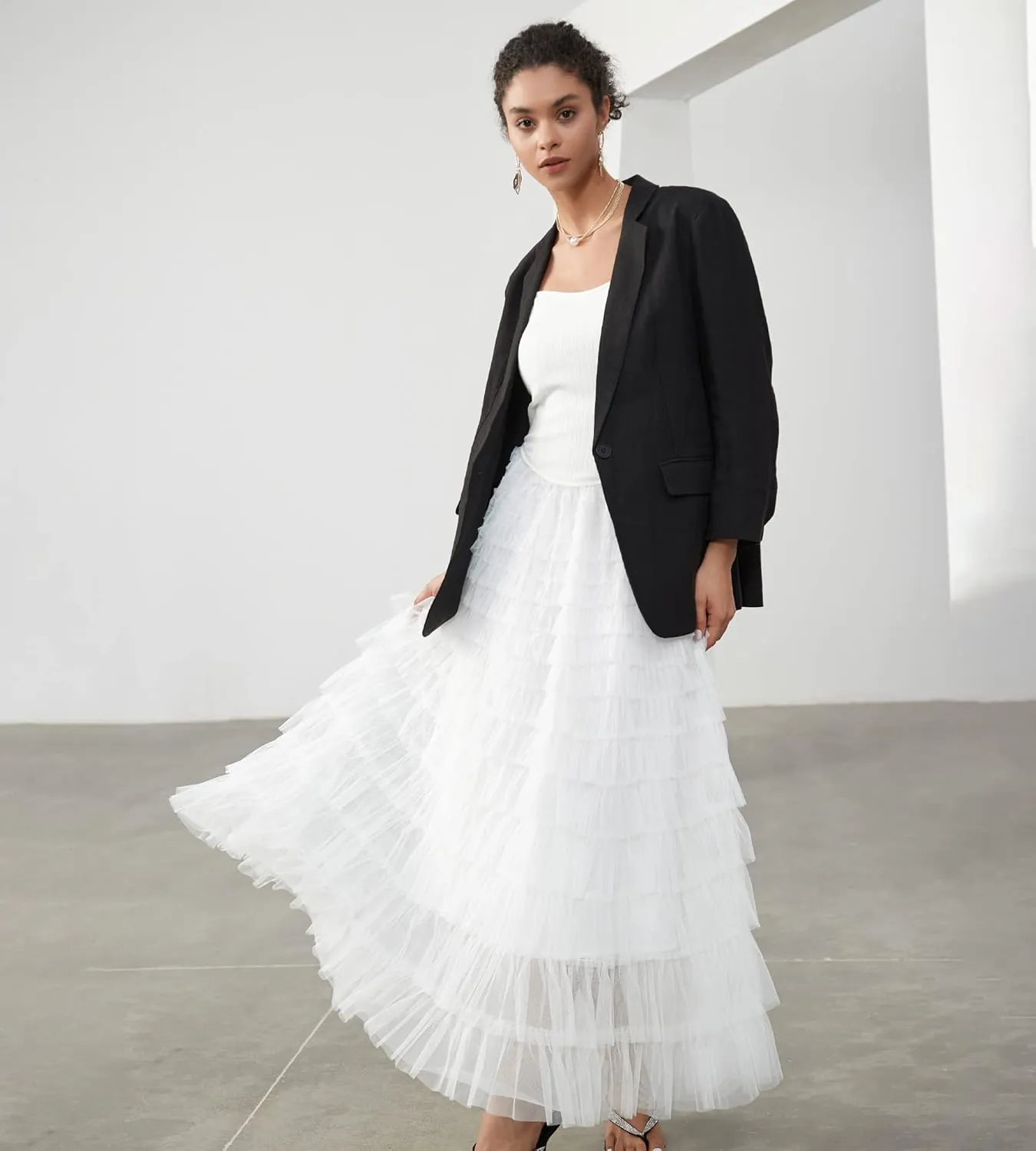 Women's Tulle Maxi Dress Spaghetti Strap Layered Fluffy Ruflfle Prom Birthday Party Long Dress