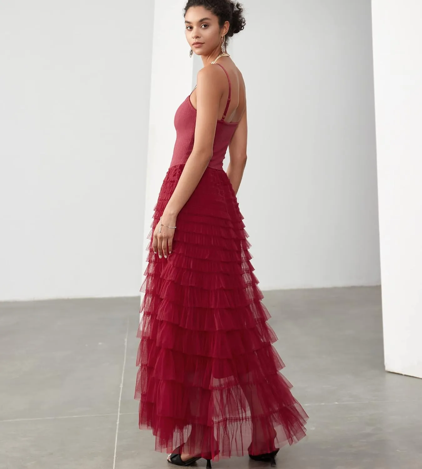 Women's Tulle Maxi Dress Spaghetti Strap Layered Fluffy Ruflfle Prom Birthday Party Long Dress