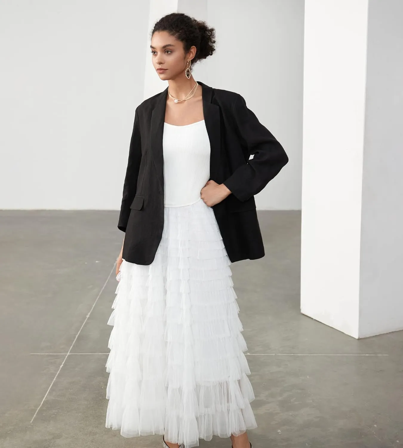 Women's Tulle Maxi Dress Spaghetti Strap Layered Fluffy Ruflfle Prom Birthday Party Long Dress