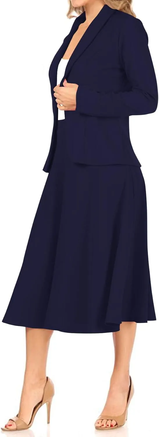 Women's Two Piece Lightweight Solid Long Sleeve Casual Blazer Relaxed A-Line Midi Skirt
