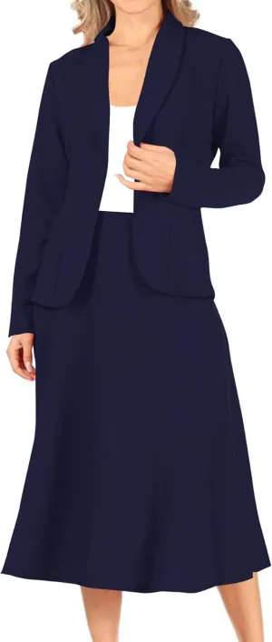 Women's Two Piece Lightweight Solid Long Sleeve Casual Blazer Relaxed A-Line Midi Skirt