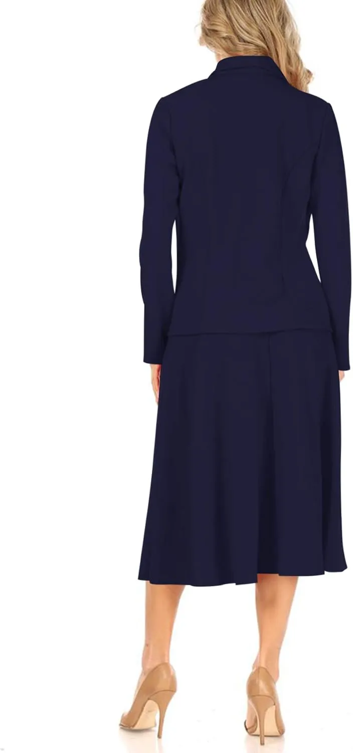 Women's Two Piece Lightweight Solid Long Sleeve Casual Blazer Relaxed A-Line Midi Skirt