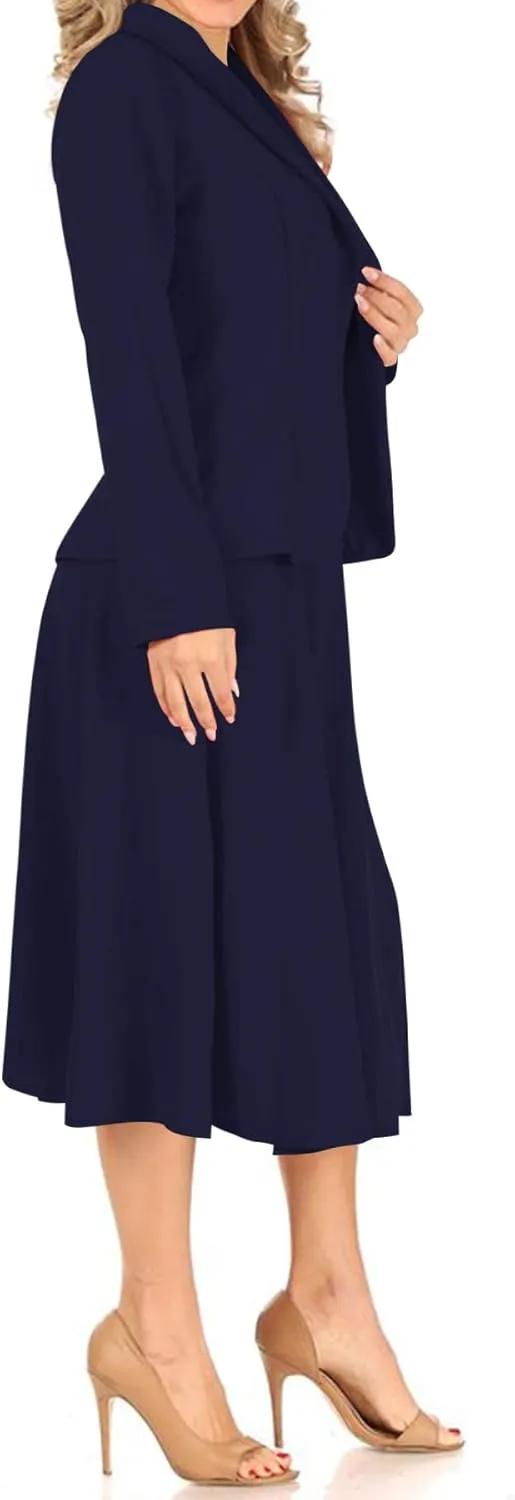 Women's Two Piece Lightweight Solid Long Sleeve Casual Blazer Relaxed A-Line Midi Skirt