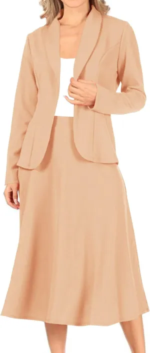 Women's Two Piece Lightweight Solid Long Sleeve Casual Blazer Relaxed A-Line Midi Skirt