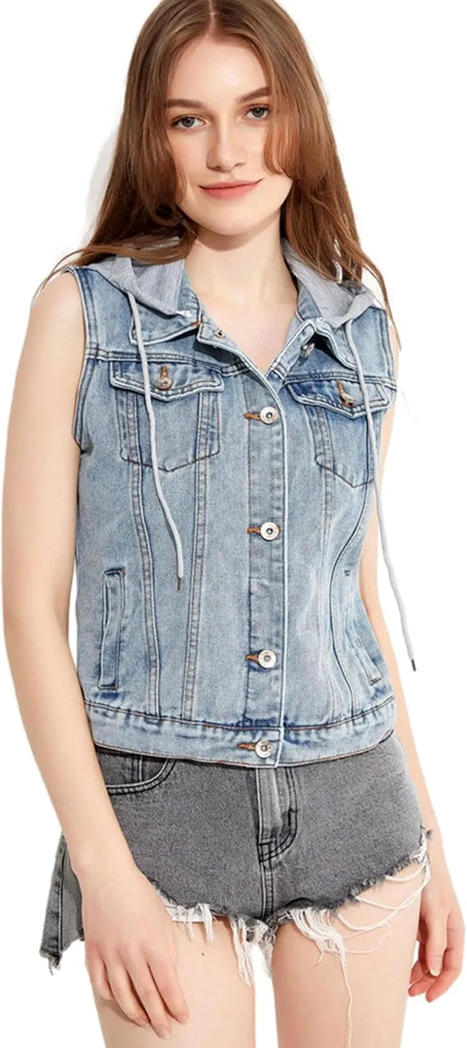 Women's Vintage Casual Slim Sleeveless Denim Jean Cropped Vest Jacket Waistcoat With Detachable Hood
