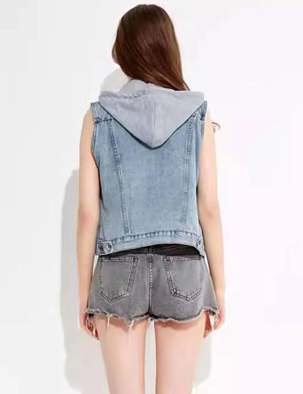 Women's Vintage Casual Slim Sleeveless Denim Jean Cropped Vest Jacket Waistcoat With Detachable Hood