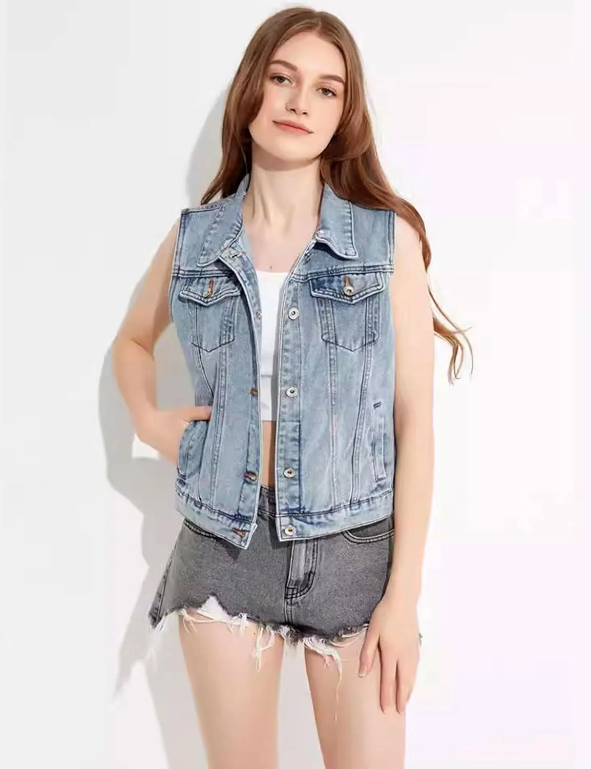 Women's Vintage Casual Slim Sleeveless Denim Jean Cropped Vest Jacket Waistcoat With Detachable Hood