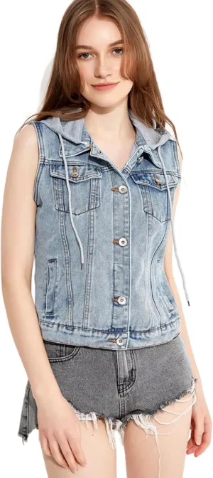 Women's Vintage Casual Slim Sleeveless Denim Jean Cropped Vest Jacket Waistcoat With Detachable Hood