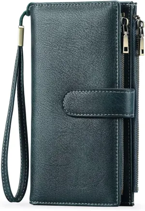 Women's Wallet and Card Holder RFID Blocking Tri-Fold Wristlet Wallet Vegan Leather Multi Card Case with ID Windows, Green