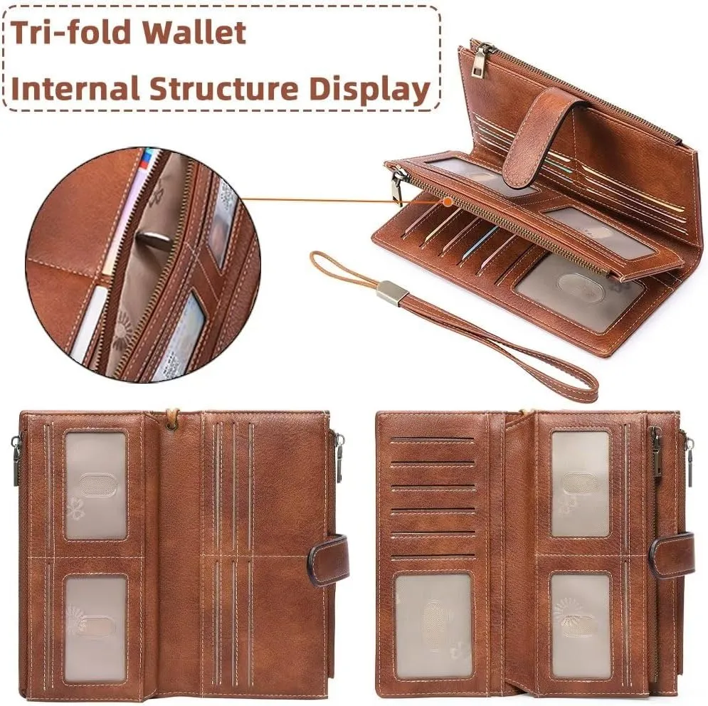 Women's Wallet and Card Holder RFID Blocking Tri-Fold Wristlet Wallet Vegan Leather Multi Card Case with ID Windows, Green