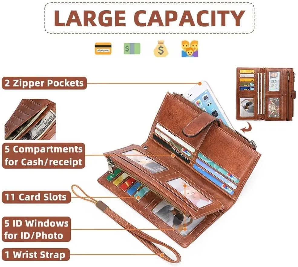 Women's Wallet and Card Holder RFID Blocking Tri-Fold Wristlet Wallet Vegan Leather Multi Card Case with ID Windows, Green