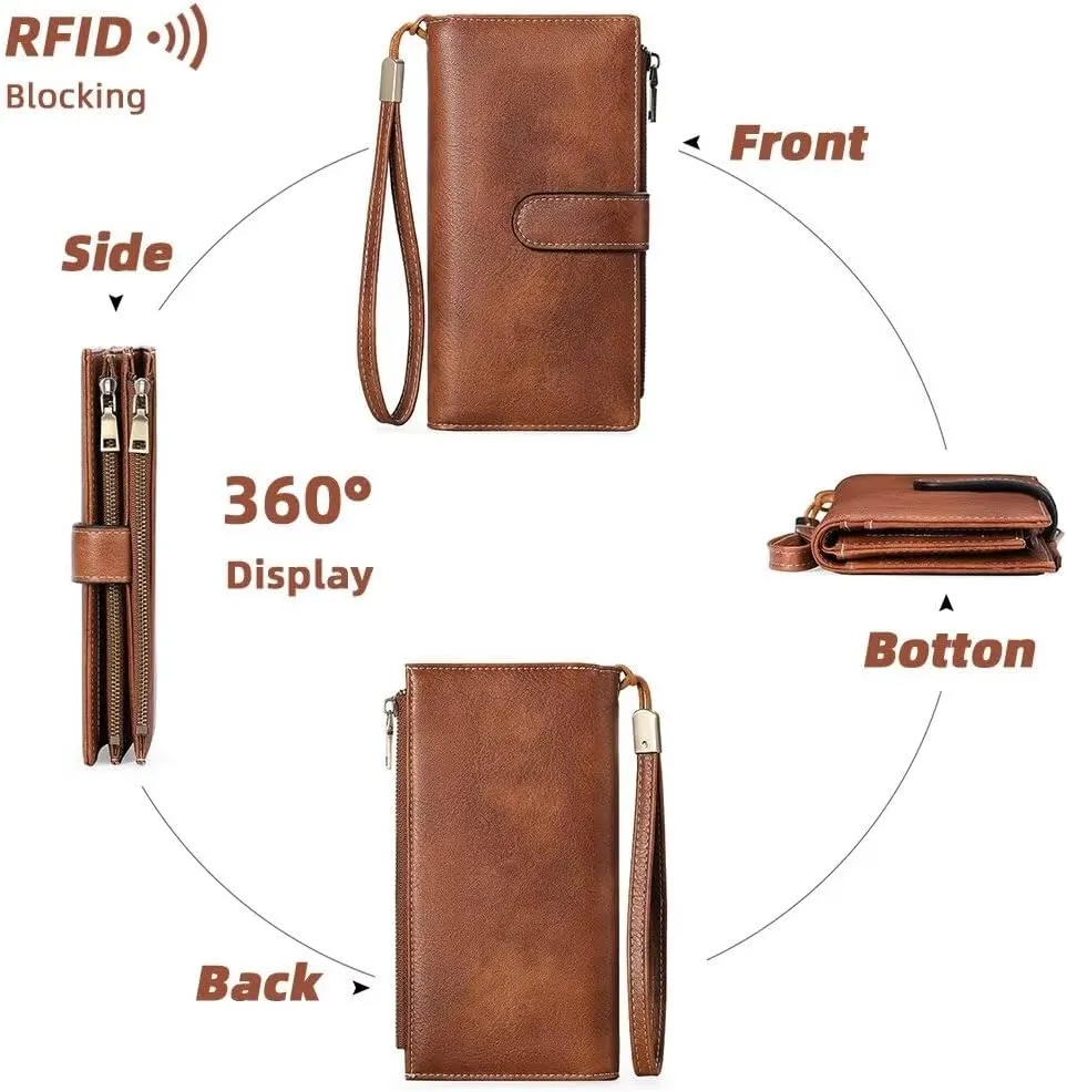 Women's Wallet and Card Holder RFID Blocking Tri-Fold Wristlet Wallet Vegan Leather Multi Card Case with ID Windows, Green