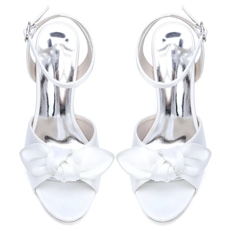 Women's Wedding Shoes Stiletto Heel Peep Toe Ankle Buckle Bridal Shoes with Bowknot