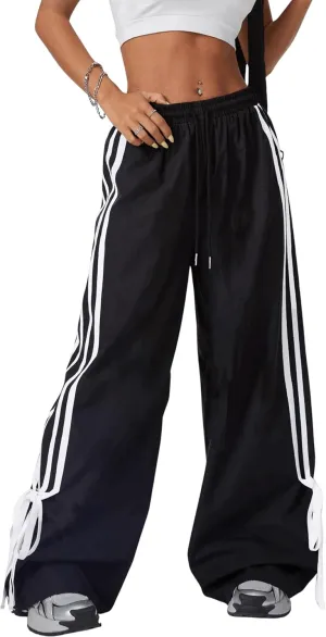Women's Y2K Baggy Bow Wide Leg Pants Striped Track Elastic Waist Long Sweatpants Parachute Pants