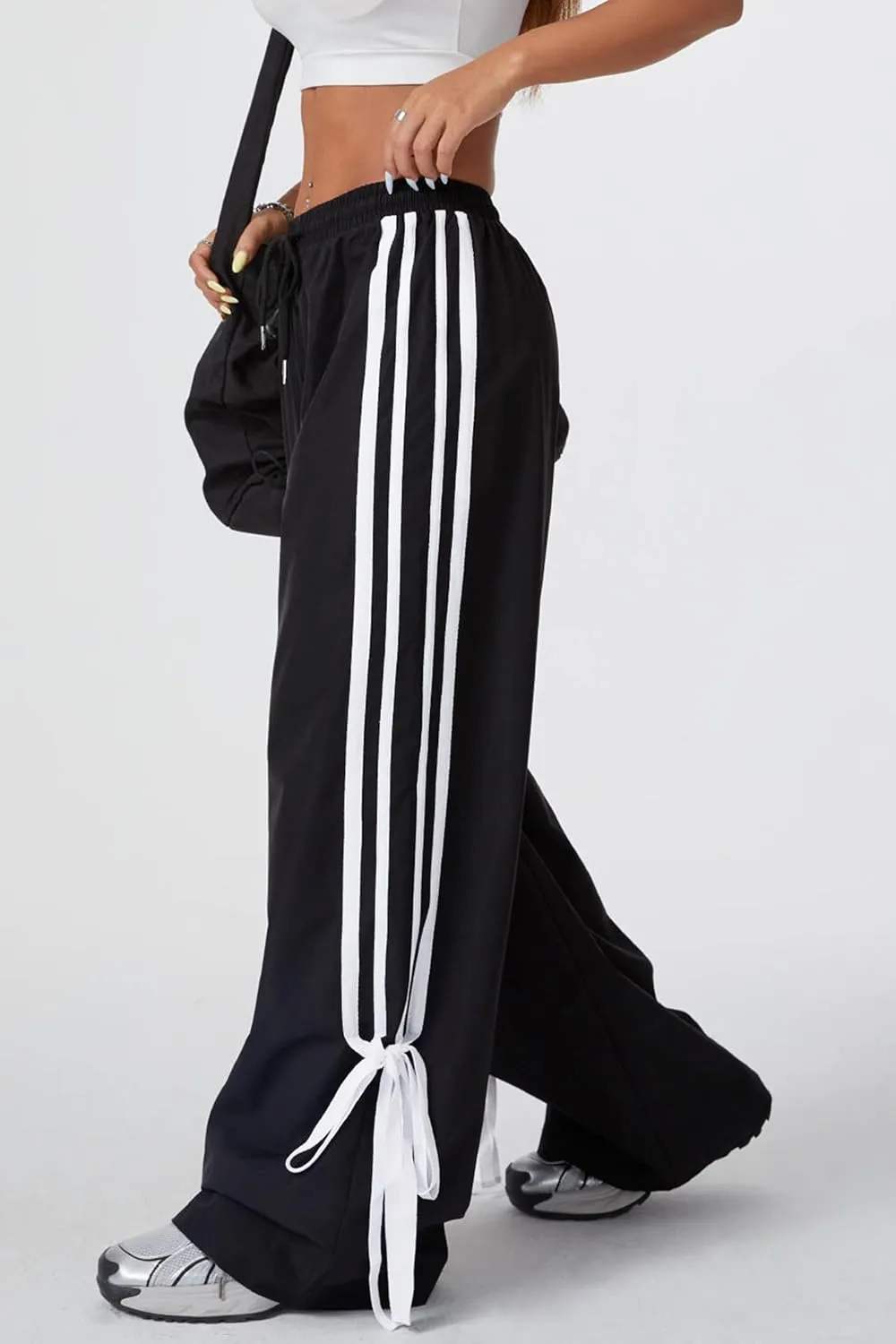 Women's Y2K Baggy Bow Wide Leg Pants Striped Track Elastic Waist Long Sweatpants Parachute Pants