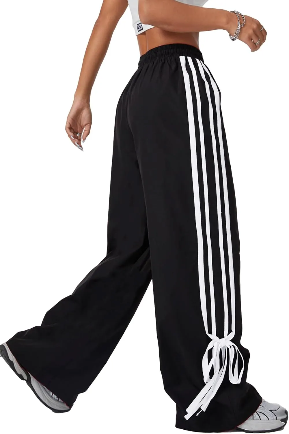 Women's Y2K Baggy Bow Wide Leg Pants Striped Track Elastic Waist Long Sweatpants Parachute Pants