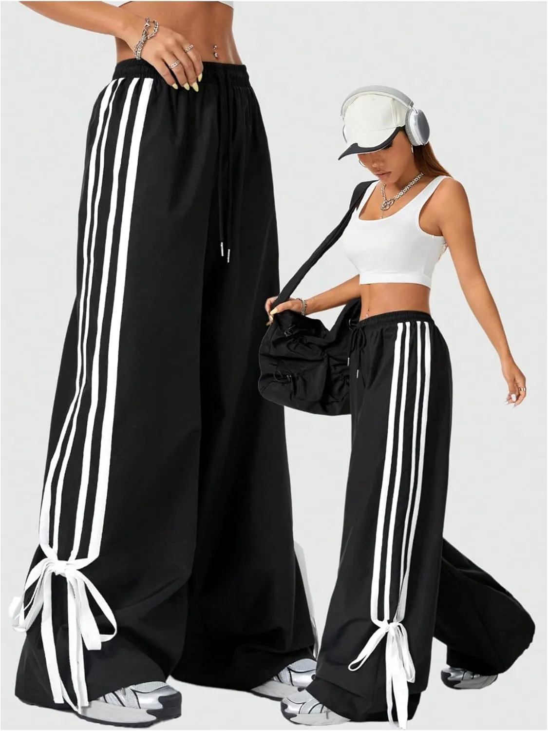 Women's Y2K Baggy Bow Wide Leg Pants Striped Track Elastic Waist Long Sweatpants Parachute Pants